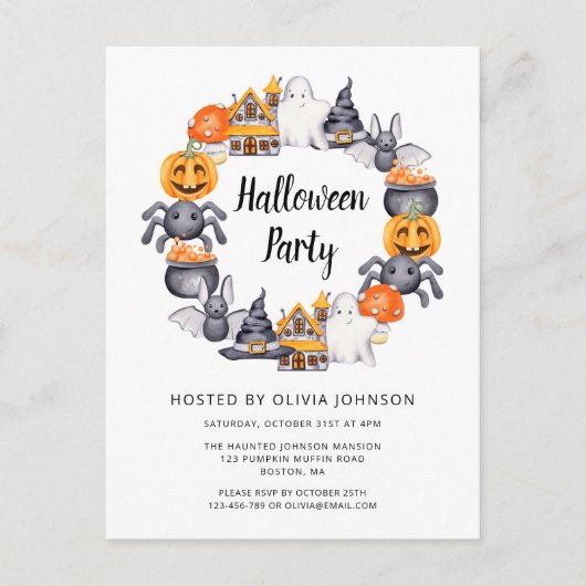 Cute White Happy Halloween Illustration Party Uitnodiging Briefkaart (Voorkant)