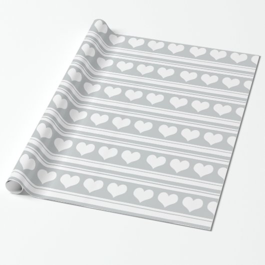 Cute White Heart Stripes Pattern Grey Cadeaupapier (Uitgerold)