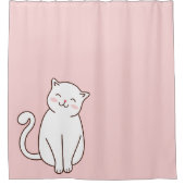 Cute White Kawaii Smiling Cat on Pink Douchegordijn (Voorkant)