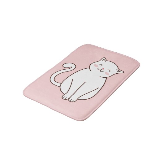Cute White Kawaii Smiling Cat Pink Badmat (Gekanteld)