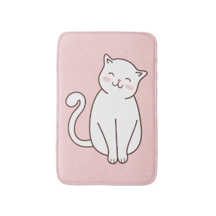 Cute White Kawaii Smiling Cat Pink Badmat
