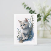 Cute White Kitten Briefkaart met Floral Detail (Staand voorkant)