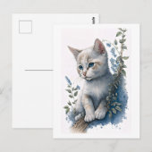 Cute White Kitten Briefkaart met Floral Detail (Voorkant / Achterkant)