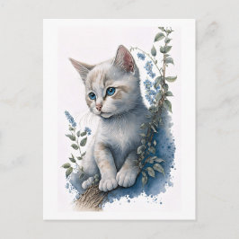 Cute White Kitten Briefkaart met Floral Detail
