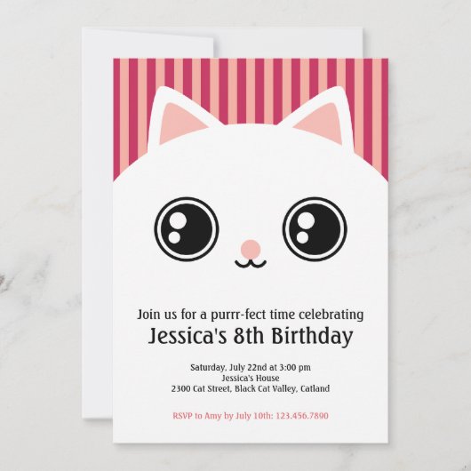 Cute White Kitten Cat Face Kids Birthday Invite Kaart (Voorkant)