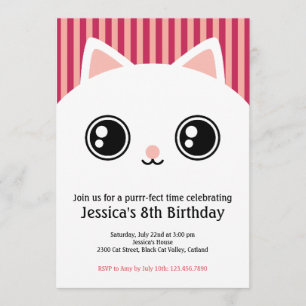 Cute White Kitten Cat Face Kids Birthday Invite Kaart