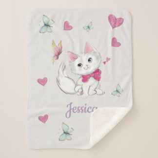 Cute White Kitten met Butterfly op pastel Sherpa Deken