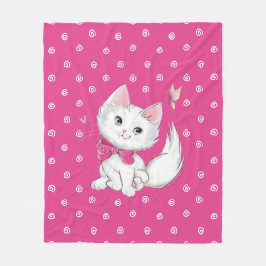 Cute White Kitten met Butterfly op Roze Fleece Deken (Voorkant)