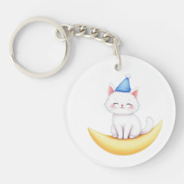 Cute White Kitten on Moon Acrylic Keychain
