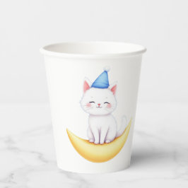 Cute White Kitten on Moon Paper cup Papieren Bekers