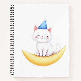 Cute White Kitten on Moon Spiral Notebook Notitieboek