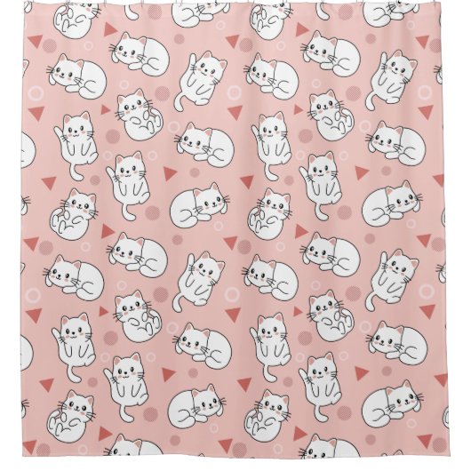 Cute White Kitten Pink Achtergrond Douchegordijn (Voorkant)