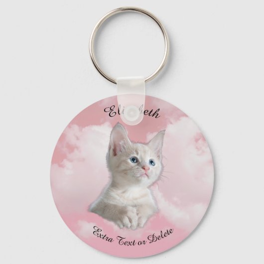 Cute White Kitten Pink Sky, Black Name, Extra Text Sleutelhanger (Voorkant)
