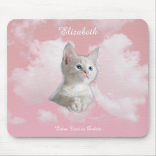 Cute White Kitten Pink Sky Clouds Name, Extra Text Muismat