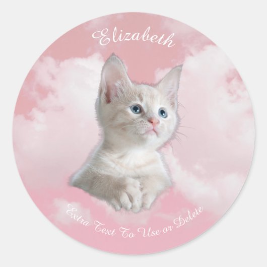 Cute White Kitten Pink Sky Clouds Name, Extra Text Ronde Sticker (Voorkant)