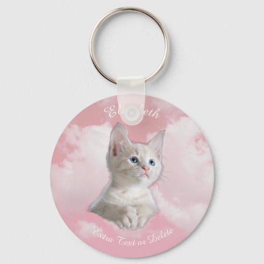 Cute White Kitten Pink Sky Clouds Name, Extra Text Sleutelhanger (Voorkant)