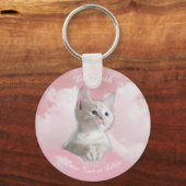 Cute White Kitten Pink Sky Clouds Name, Extra Text Sleutelhanger (Voorkant)