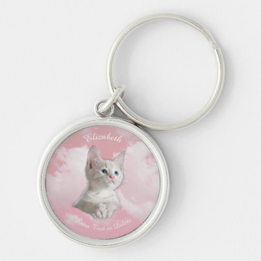 Cute White Kitten Pink Sky Clouds Name, Extra Text Sleutelhanger (Voorkant)