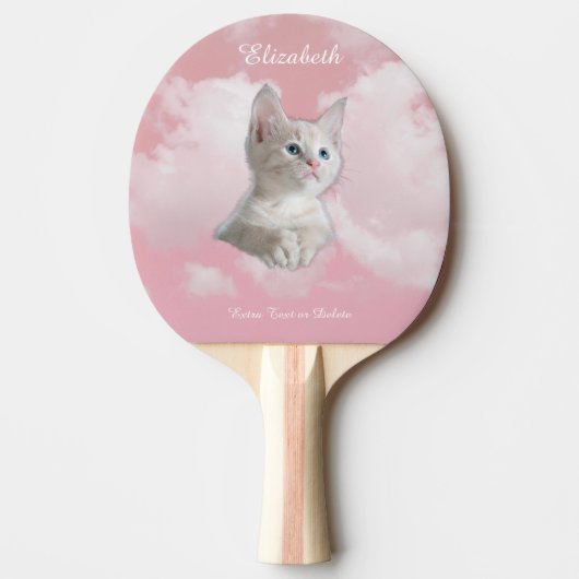 Cute White Kitten Pink Sky Clouds Name, Extra Text Tafeltennisbatje (Voorkant)