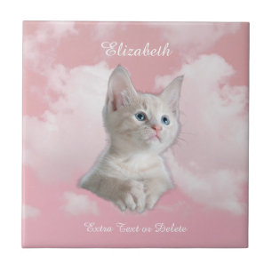 Cute White Kitten Pink Sky Clouds Name, Extra Text Tegeltje