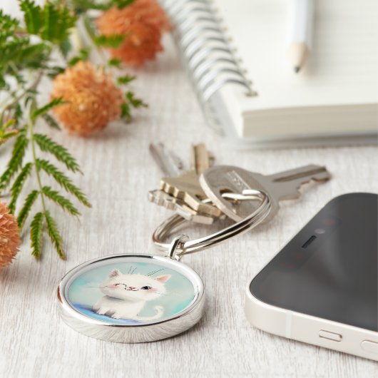 Cute White Kitten Sleutelhanger (Zijkant)