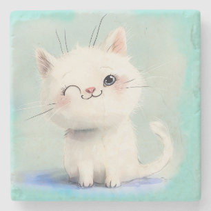 Cute White Kitten Stenen Onderzetter