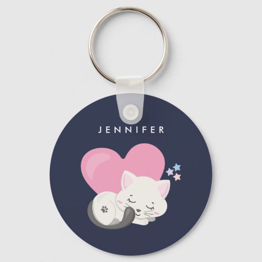 Cute White Kitty Cat Slaping Sleutelhanger (Voorkant)