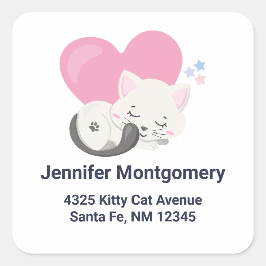 Cute White Kitty Cat Sleeping Address Vierkante Sticker (Voorkant)