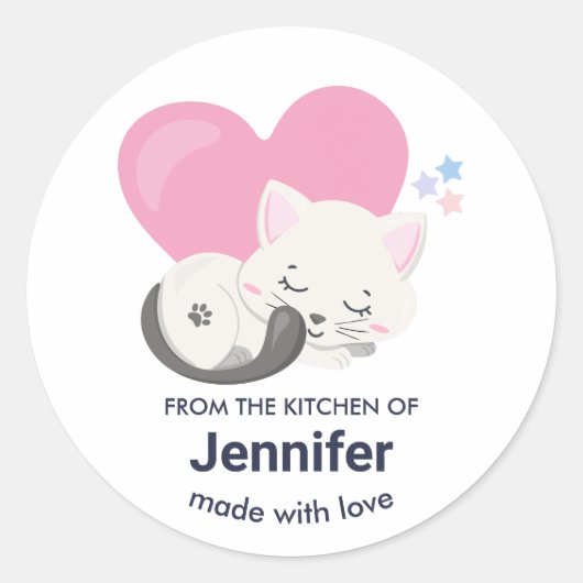 Cute White Kitty Cat Sleeping Kitchen Ronde Sticker (Voorkant)
