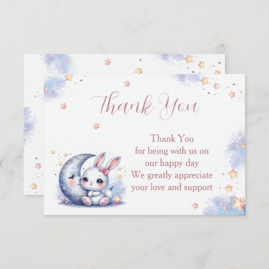 Cute white little bunny and a crescent silver moon bedankkaart (Voorkant / Achterkant)