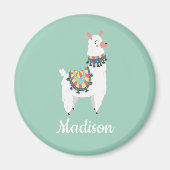 Cute White Llama Mint Green Monogram Name Magneet (Voorkant)