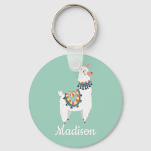 Cute White Llama Mint Green Monogram Name Sleutelhanger
