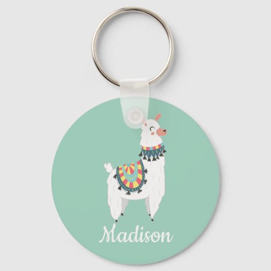 Cute White Llama Mint Green Monogram Name Sleutelhanger (Voorkant)
