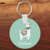 Cute White Llama Mint Green Monogram Name Sleutelhanger (Voorkant)