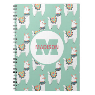 Cute White Llamas Mint Green Monogram Name Initiaa Notitieboek