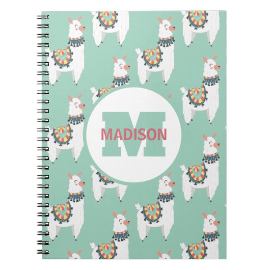 Cute White Llamas Mint Green Monogram Name Initiaa Notitieboek (Voorkant)
