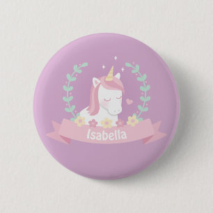 Cute White Magical Unicorn Flowers Girls Button