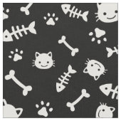 Cute White op Black Cat Botten Fish Paw Pattern Stof (Close Up)