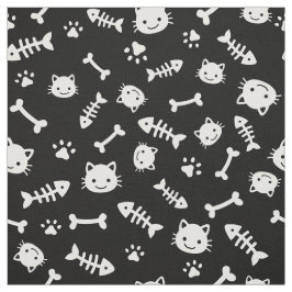 Cute White op Black Cat Botten Fish Paw Pattern Stof