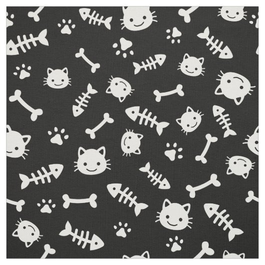 Cute White op Black Cat Botten Fish Paw Pattern Stof (Swatch)