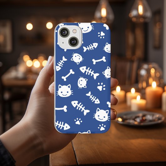 Cute White op Blue Cat Botten Fish Paw Pattern Case-Mate iPhone Case