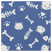 Cute White op Blue Cat Botten Fish Paw Pattern Stof (Close Up)