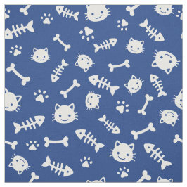 Cute White op Blue Cat Botten Fish Paw Pattern Stof