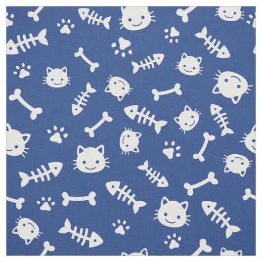 Cute White op Blue Cat Botten Fish Paw Pattern Stof (Swatch)