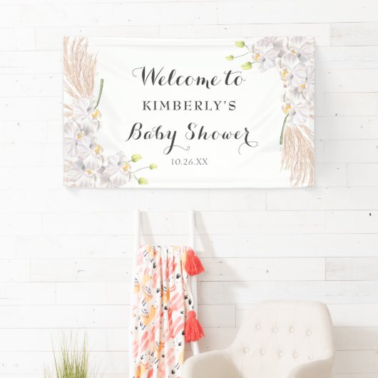 Cute White Orchids en Pampas Baby shower Backdrop Spandoek (Insitu)