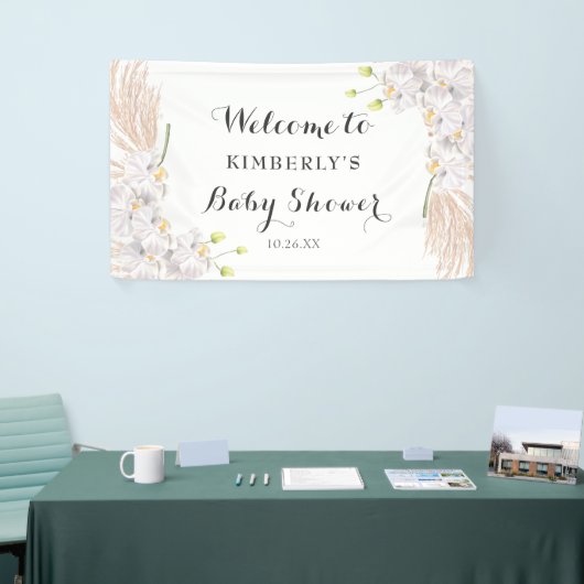 Cute White Orchids en Pampas Baby shower Backdrop Spandoek (Beurs)