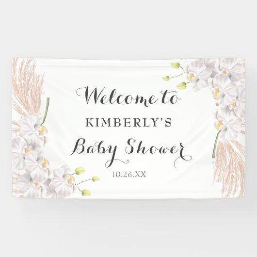 Cute White Orchids en Pampas Baby shower Backdrop Spandoek (Horizontaal)