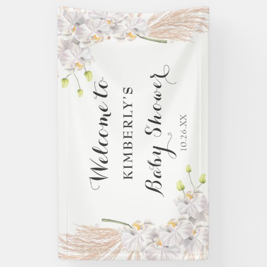 Cute White Orchids en Pampas Baby shower Backdrop Spandoek (Verticaal)