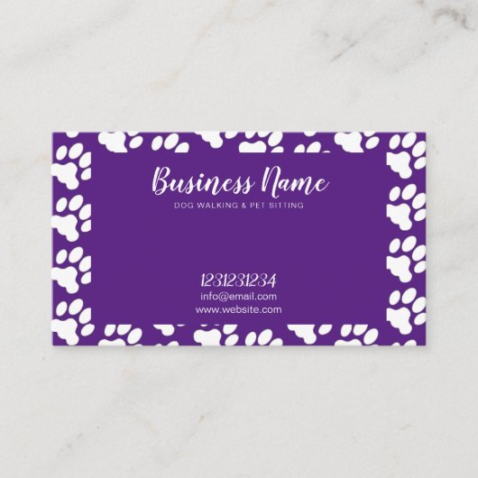Cute White & Paarse Paw Print Pattern Dog Walking Visitekaartje (Voorkant)