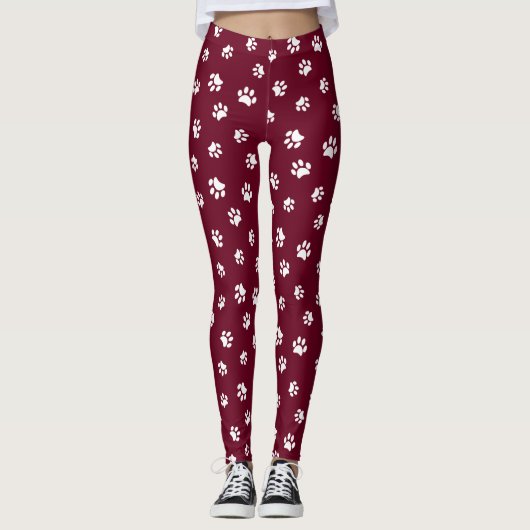 Cute White Paw Prints Pattern Bourgogne Leggings (Voorkant)